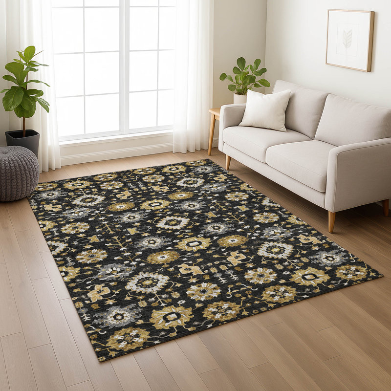 Tapis traditionnel lavable à la machine intérieur / extérieur ACN2610, Noir, 10 pi x 14 pi