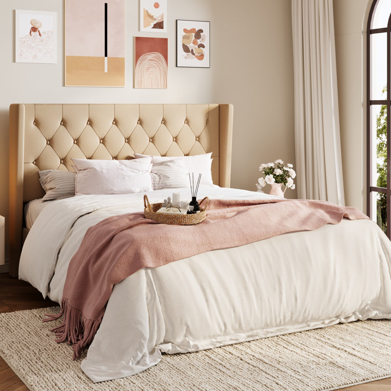 Structure de lit tapissier avec tête de lit Hilbert, Double, Beige