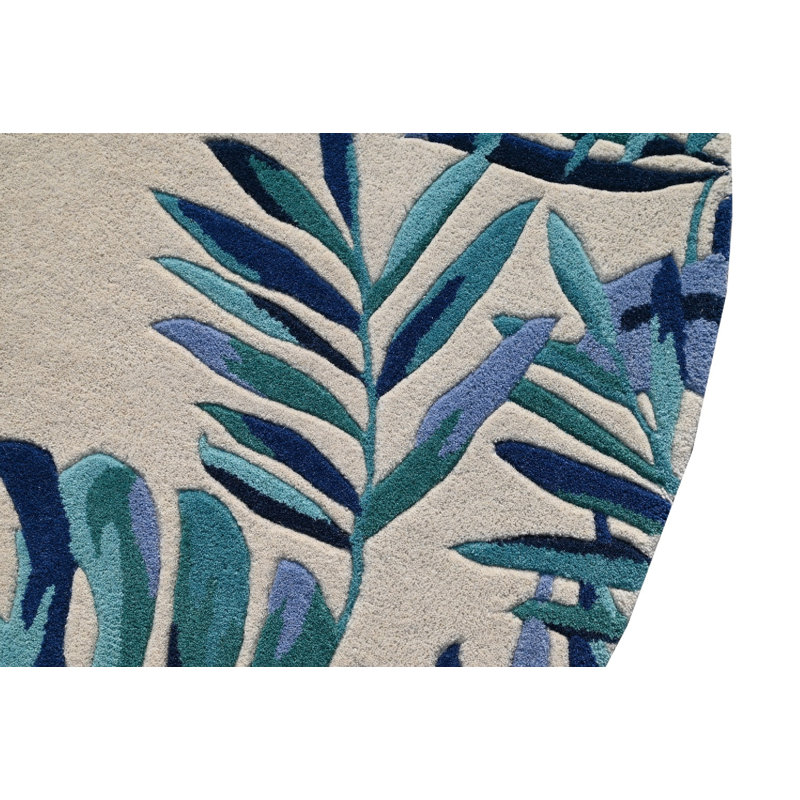 Tapis floral en laine touffeté à la main Amrjeet, Ivoire / Bleu, Rond 5 pi 6 po