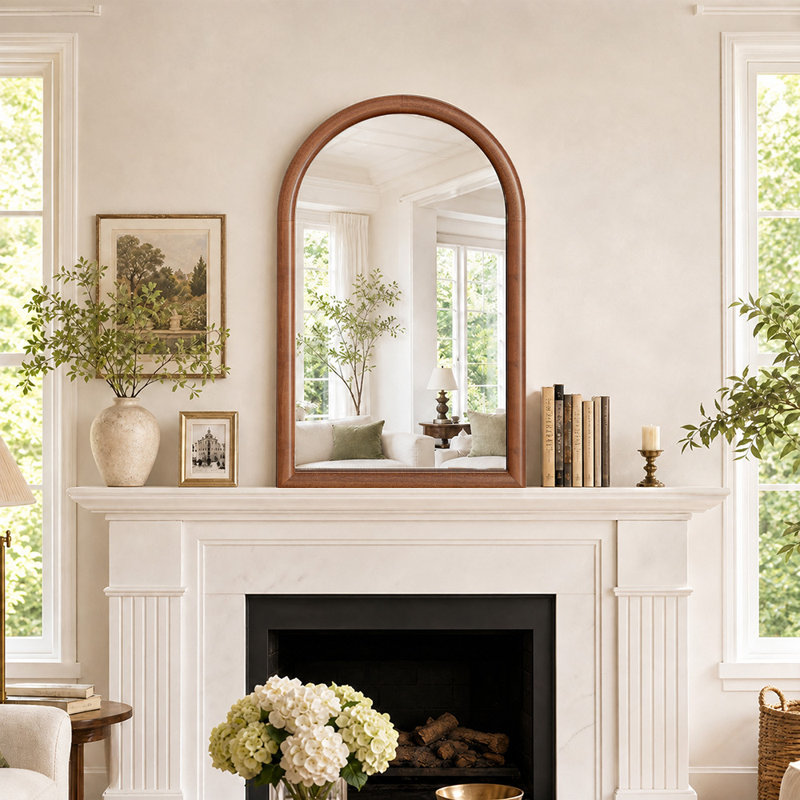 Miroir mural arqué 24 x 36 pouces en bois massif avec cadre pour salle de bain, Noyer