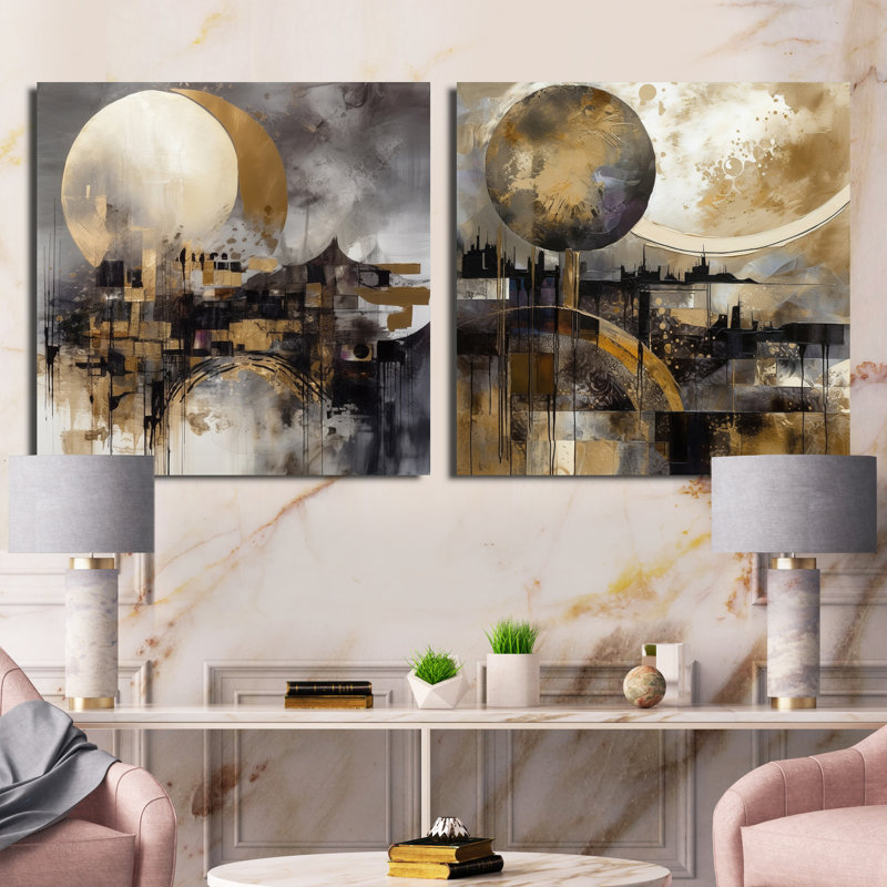 Exploration de la lune dorée évolutive - Ensemble de 2 collage paysage carré moderne, H 16 po x l 33 po, Toile tendue