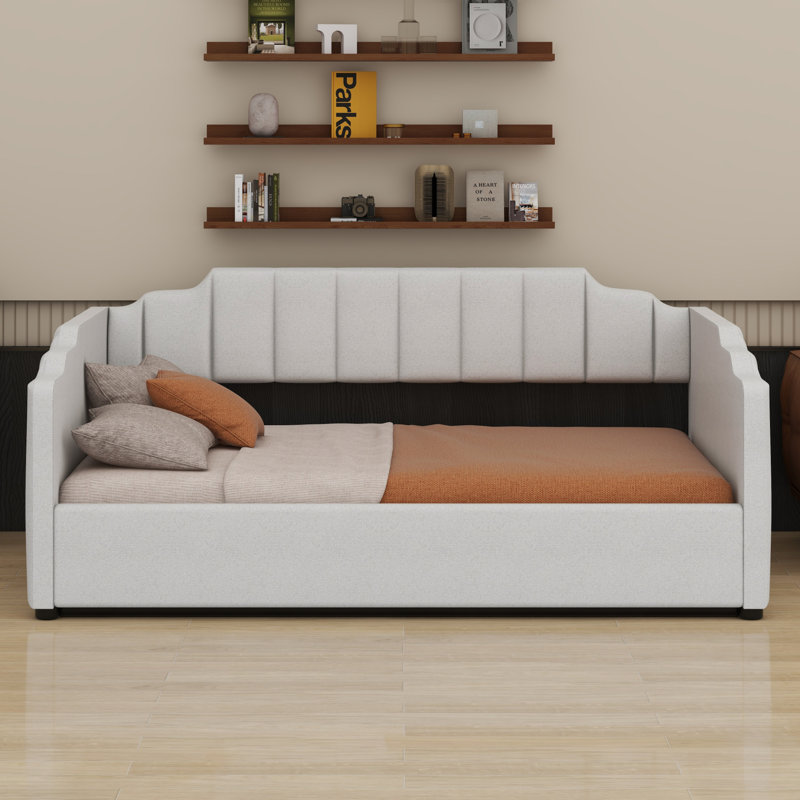 Lit de jour rembourré avec rangement inférieur, Beige, Lit double