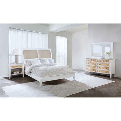 Ensemble de chambre à coucher 4 pièces, lit moderne de style Mid-Century, une table de chevet, une commode et un miroir de commode