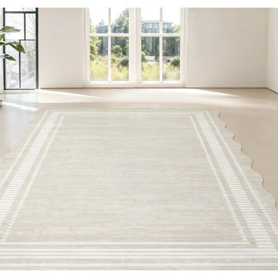 Scalloped Rug Washable Area Rug, Natural Non-Slip Soft Carpet with Scalloped Low-Pile Solid Design for Living Room, Bedroom, Dining Room & Home Office