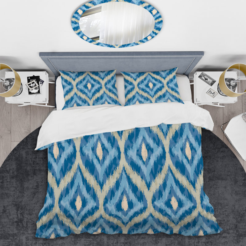 Motif ikat bleu - ensemble de housse de couette abstrait - microfibre de polyester