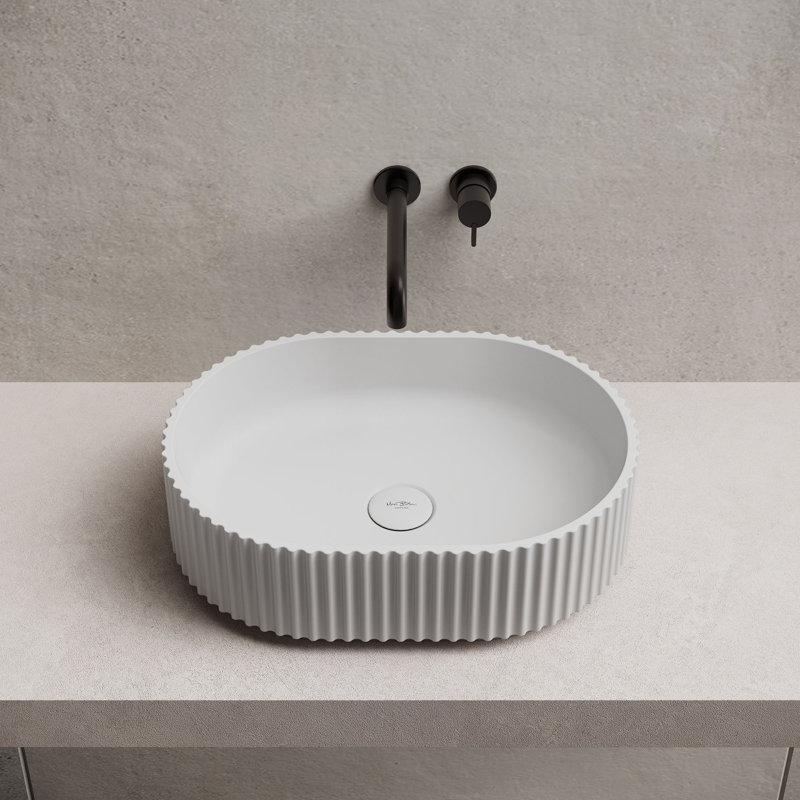 MonBlari 19" X 13.5" Oval Solid Surface Fluted Matte White Vessel Sink, Matte White