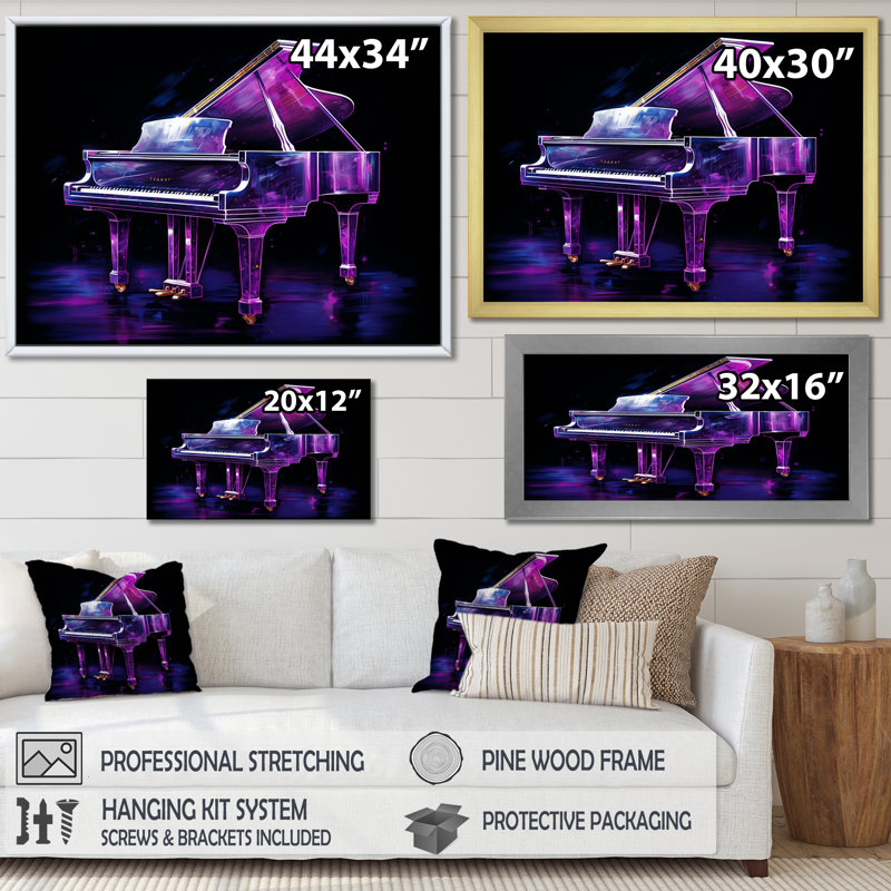 " Purple Piano Neon Nocturne III ", Black Floater Framed, 34" H x 44" W