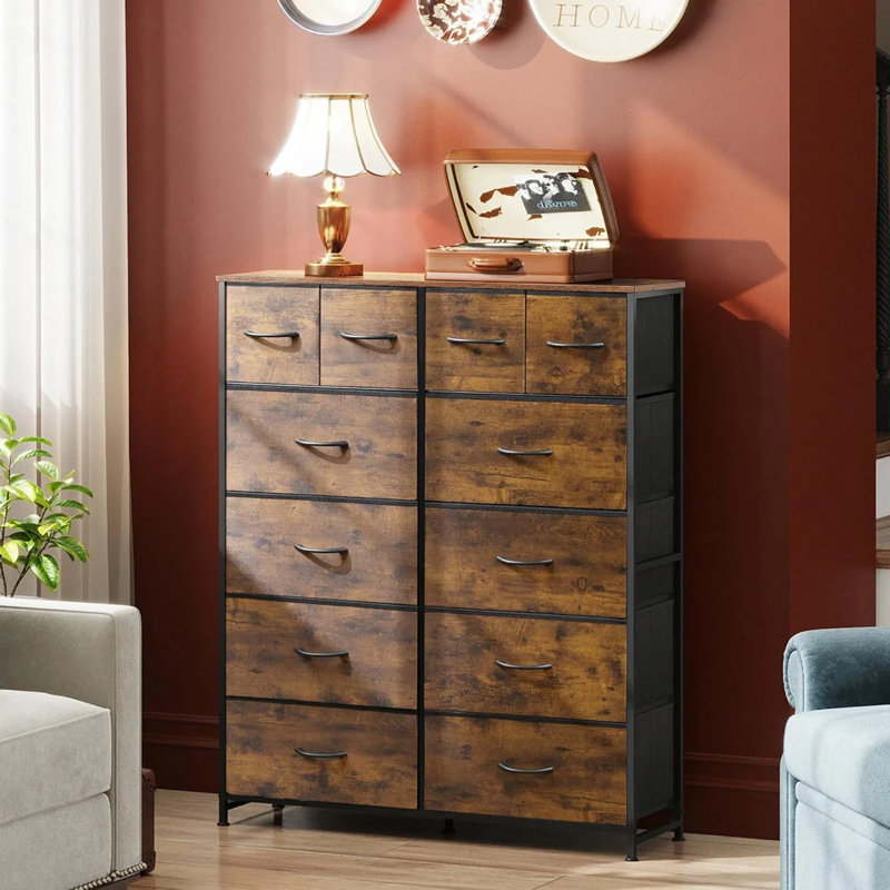 Grande commode pour chambre à coucher avec 12 tiroirs - Commode de rangement en tissu et commode pour placard, salon avec structure en acier et plateau en bois