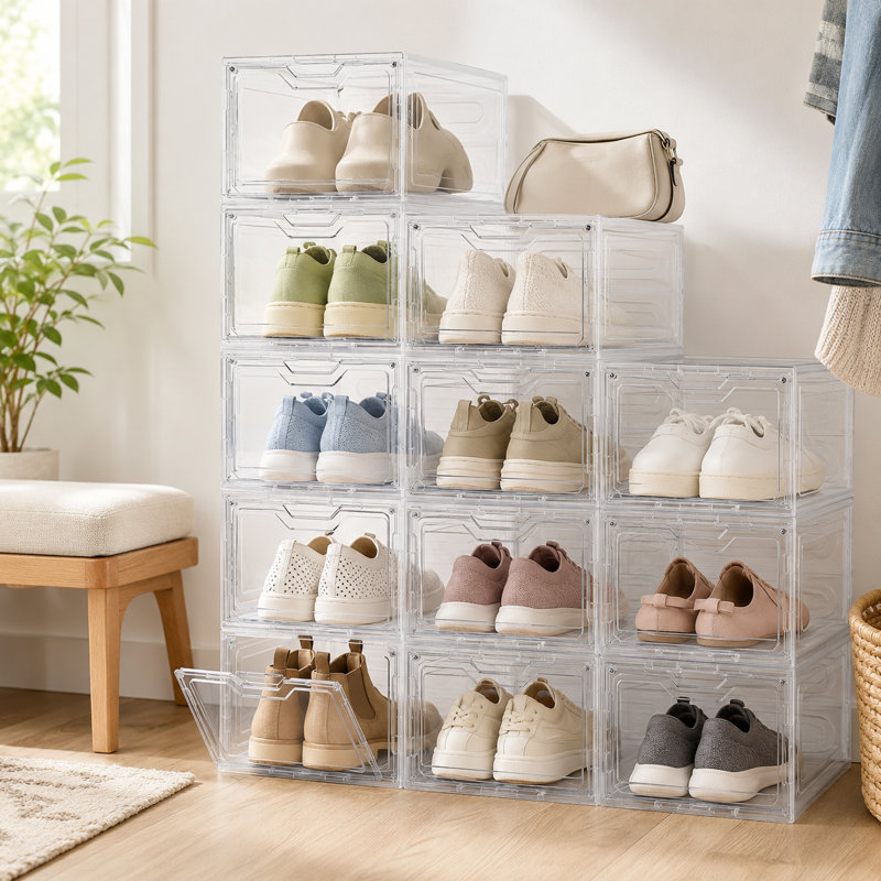 Ensemble de 12 organisateurs de chaussures empilables en plastique transparent avec porte magnétique, s'adapte à la taille 12, idéal pour ranger les bottes