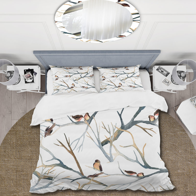 Little Birds On The Tree Branches I - Traditional Duvet Cover Set - Microfiber Polyester, King Duvet Cover + 2 King Shams