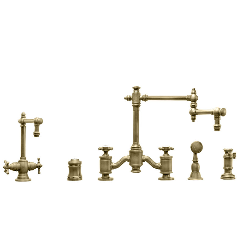 Towson Bridge Faucet - 18" Articulated Spout - Cross Handles, Antique Brass
