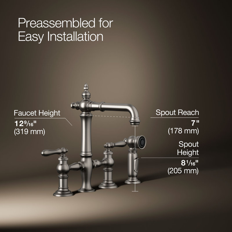 Artifacts® Bridge Faucet with Side Spray, Vibrant Stainless, Lever Handle