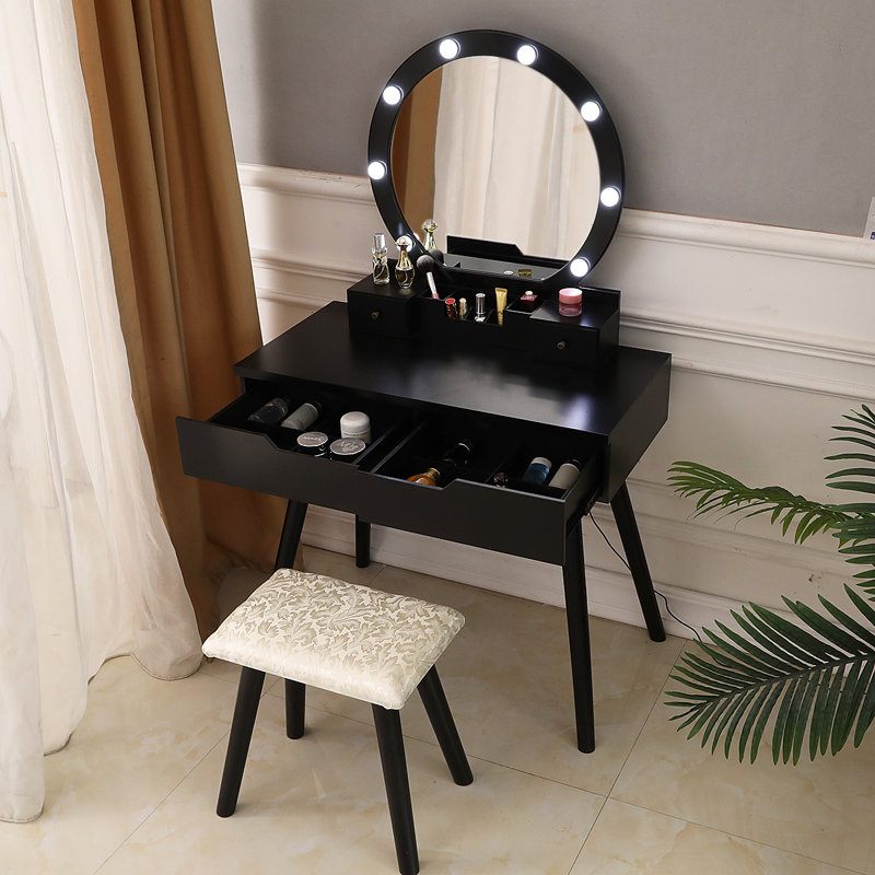 Ensemble coiffeuse avec tabouret et miroir Sikeston, Noir