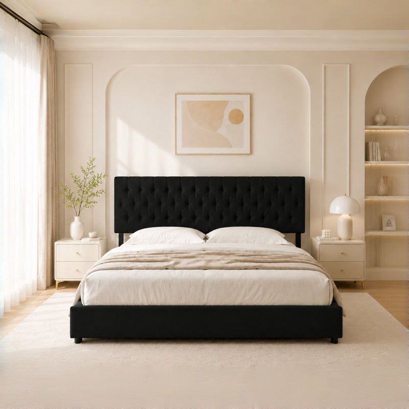 4 Storage Drawers Upholstered Bed, Black, Full
