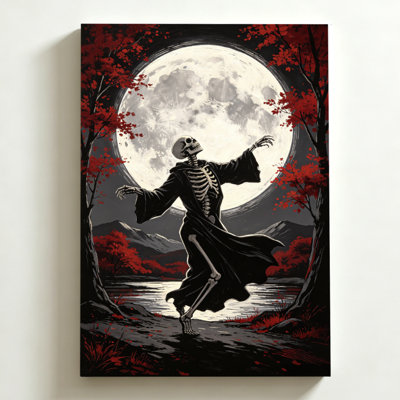 Tableau sur toile d'Halloween 40 x 60 cm. Un squelette en cape danse sous la pleine lune, entouré d'arbres rouges. Illustration gothique. Décoration murale moderne pour chambre, salon et bureau.