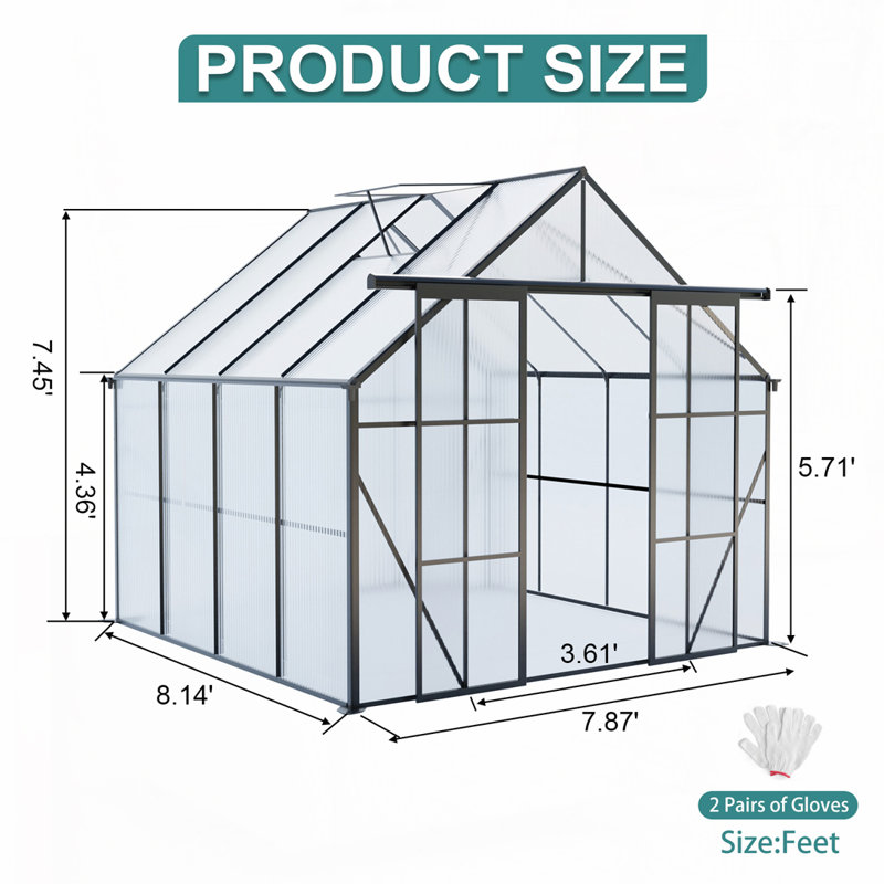 8x8 FT Double Door Polycarbonate Greenhouse, 7.8' W x 6.1' D, Black