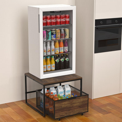 Mini Fridge Stand With Storage And Mobile Drawer Basket In Rustic Brown And Black