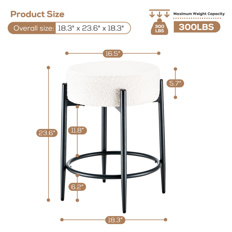 Modern Dining Chair Set, 23.6" Counter Height Stools with Round Soft Padded Boucle Backless Seat, White