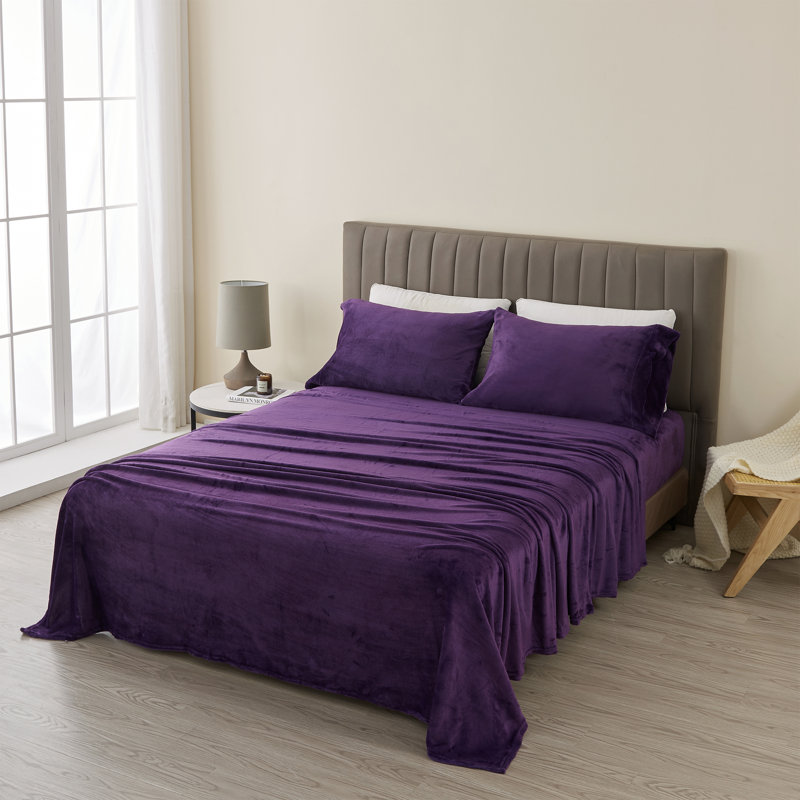 Ensembles de draps en velours ultra doux, Ensemble de draps pour grand lit + un drap-housse , Couleur unie, Violet