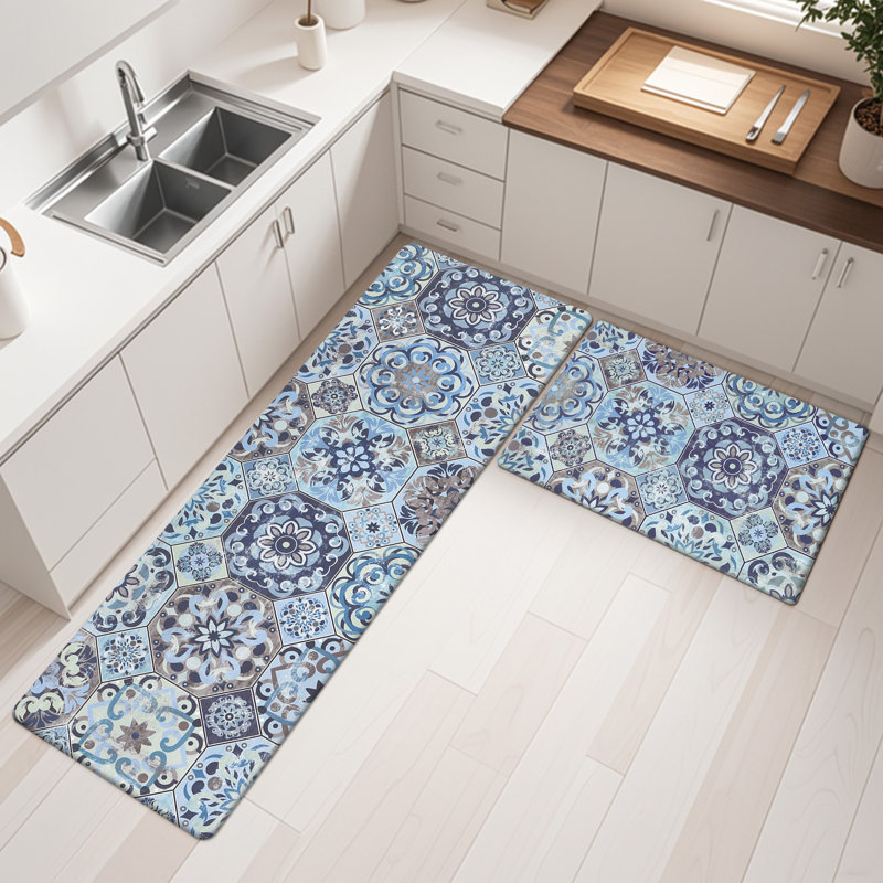 Ensemble de 2 tapis de cuisine Alishia, Marine / Brun, Tapis de couloir 20 po x 31,5 po + 20 po x 59 po