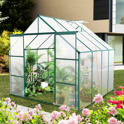 Serre extérieure en polycarbonate de 2,4 x 2,4 m (8 x 8 pi), avec base galvanisée et système de ventilation. Serre robuste qui peut être utilisée en toutes saisons, idéale pour les plantes d'extérieur.