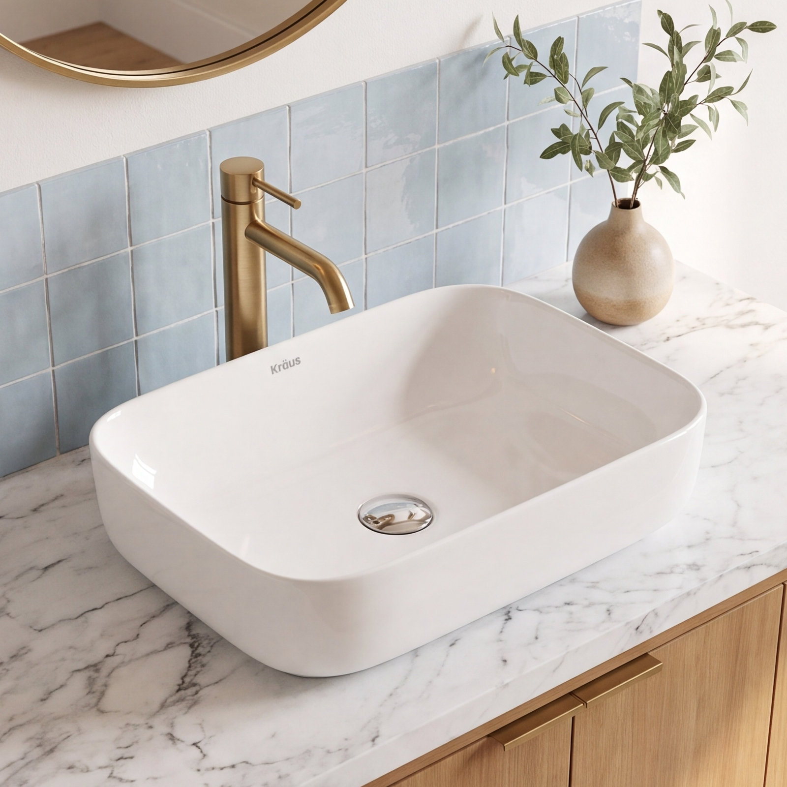 Ceramic Rectangular Vessel Bathroom Sink, Chrome