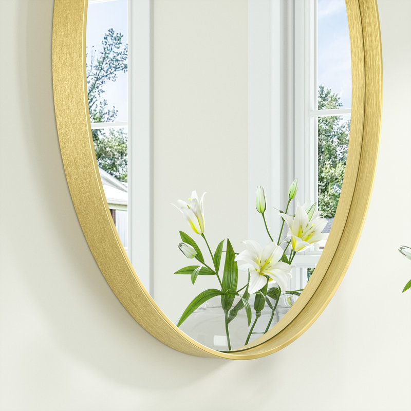 Miroir de salle de bain mural ovale en métal incurvé moderne Juriana, H 24 po x l 36 po x P 2 po, Or