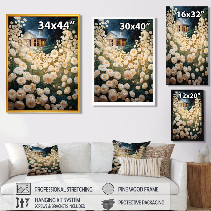 «White Blossoming Flowers Country House», art mural paysage, Toile tendue, H 32 po x l 16 po x P 1 po