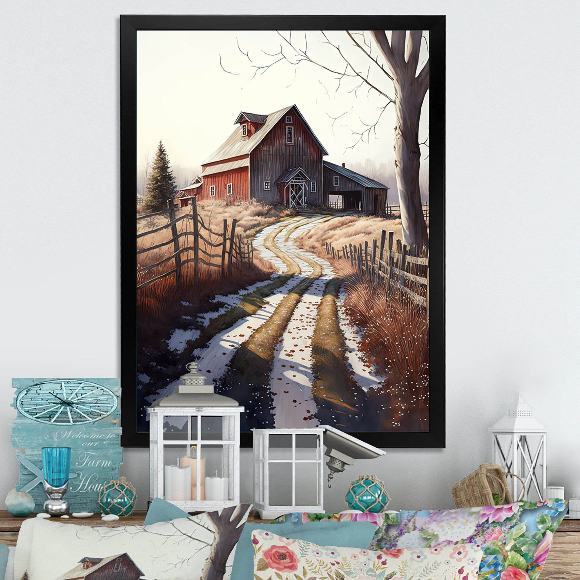 August Grove Snow Covered Path And Barn - Farmhouse / Country Canvas ...
