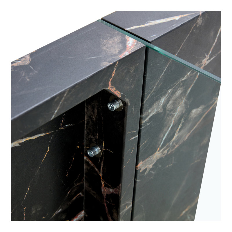 Table basse 43,3 po x 23,6 po en MDF à motif de marbre noir avec pieds en verre trempé. Convient au salon. Elle peut être utilisée non seulement comme table basse, mais aussi comme table d'appoint ou présentoir.