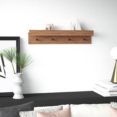 Slim Wood Wall Shelf With Hooks