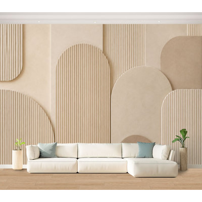 Papier peint adhésif mural minimaliste beige abstrait en forme d'arche nervurée verticale moderne art mural autoadhésif amovible contact mural pour le salon Chambre à coucher H 100 po x l 144 po