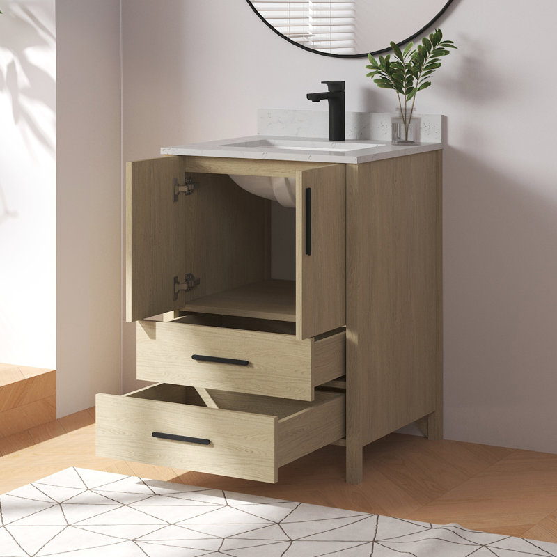 Ensemble de meuble-lavabo simple autoportant 24 po Aura avec plateau et dosseret en marbre d'ingénierie Aura, 24"
