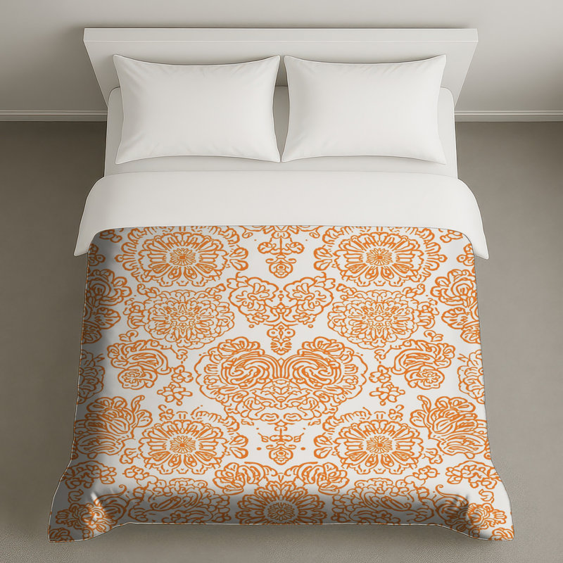 Housses de couette damassées à motif floral orange, Grand lit