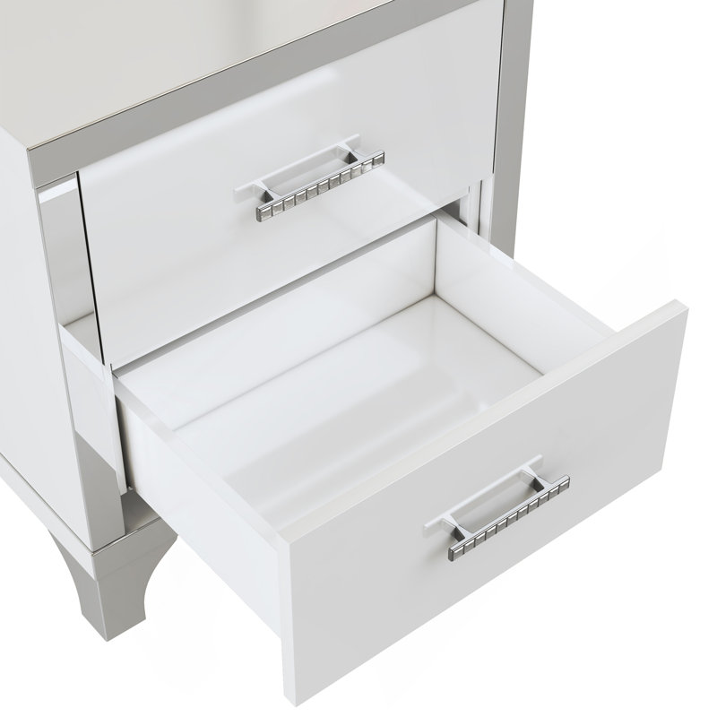 Table de chevet élégante avec poignée en métal et table de chevet miroir à 2 tiroirs