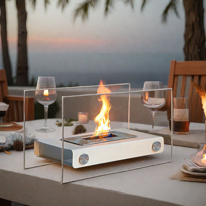 Tabletop Fire Bowl Pot with Two-Sided Glass Fireplace 35cm Length