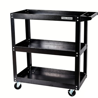 3-tier Heavy Duty Metal Tool Cart, Rolling Utility Service Cart With 4 Locking Wheels & Push Handle, Black Steel Storage Organizer