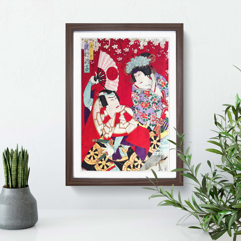 Man & Woman Under a Cherry Blossom by Toyohara Kunichika - Framed Print, 48cm H x 36cm W x 2cm D, Walnut Framed