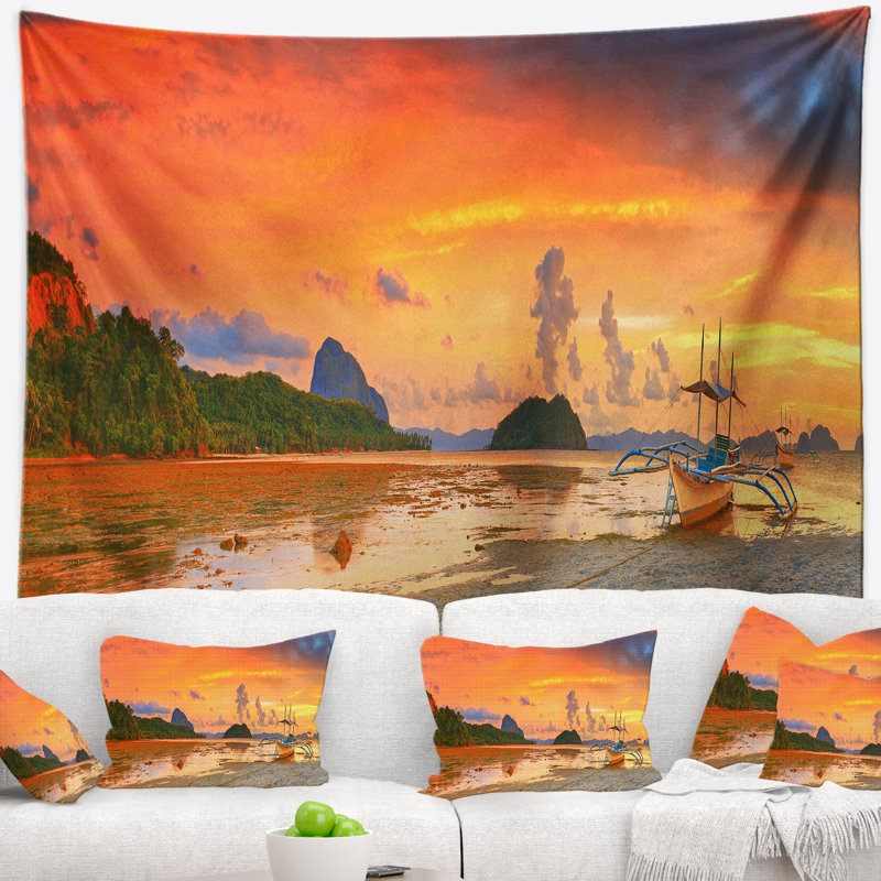 Bateau de photographie de paysage au coucher du soleil panorama tapisserie, H 32 po x l 39 po
