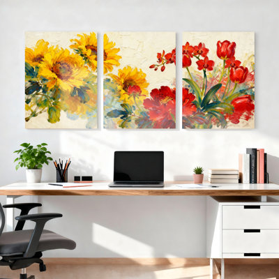 Tournesol et tulipe rouge, reproduction d'art sur toile tendue sur toile, ensemble de 3 panneaux, décor moderne pour le salon ou la chambre à coucher