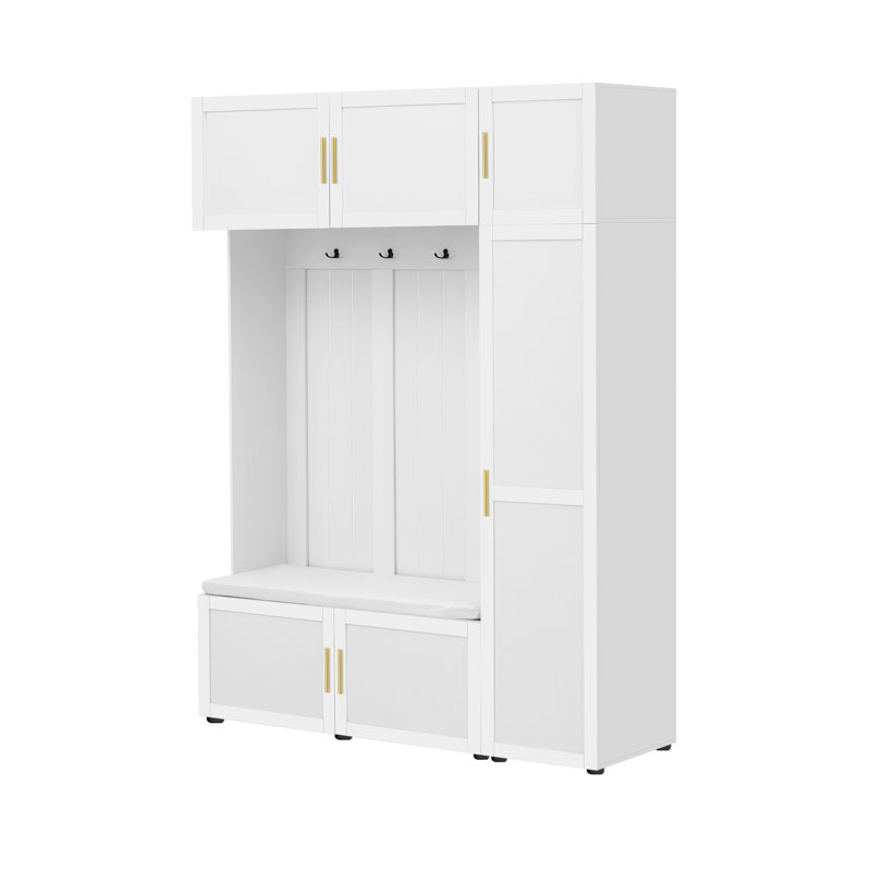 59'' Hall Tree Set With Strong Storage And 4 Hooks, Ancient White