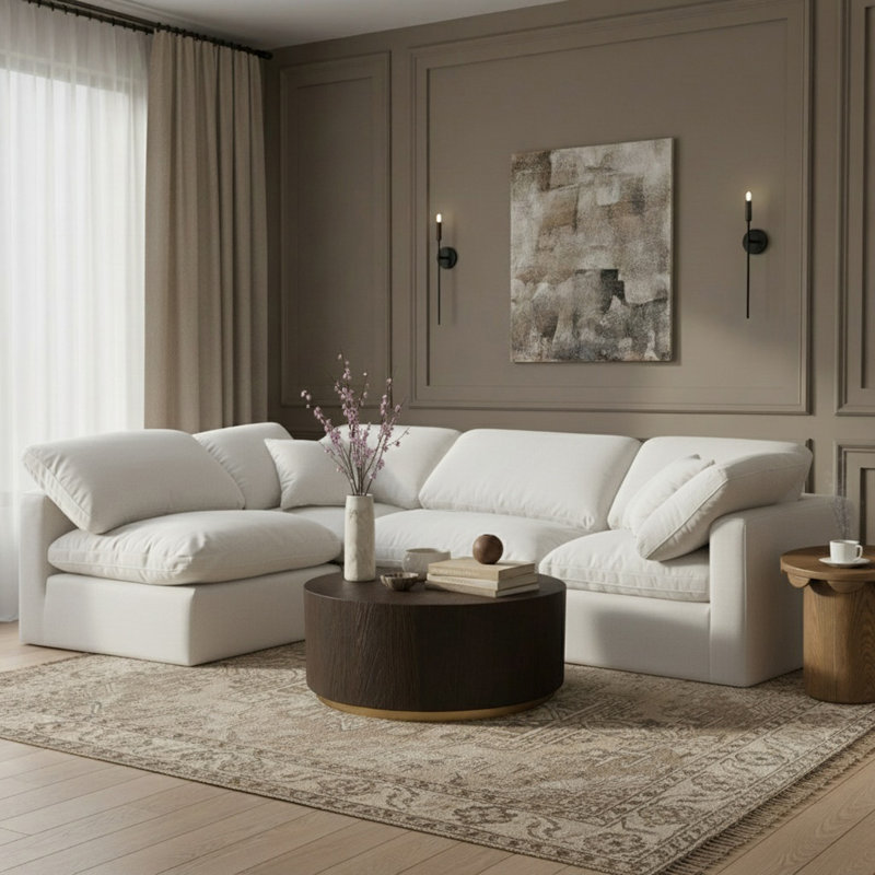 Canapé modulaire rembourré 4 pièces Izzet, Tissu texturé en lin blanc