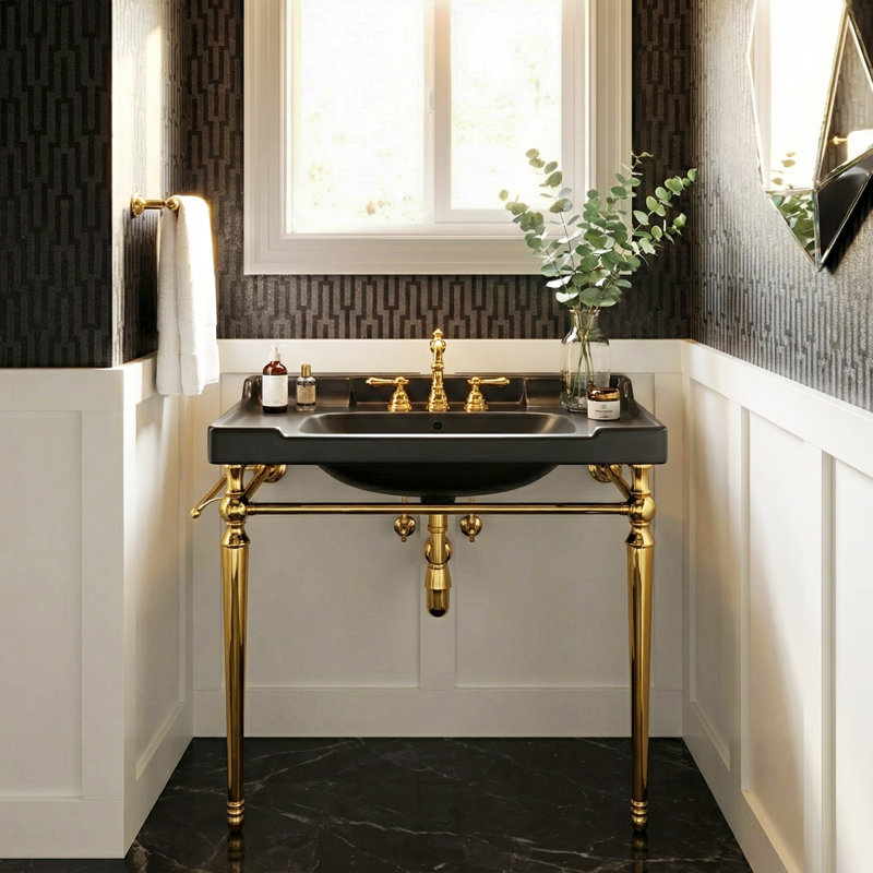 Lavabo mural en céramique avec pieds en acier inoxydable Corbin, Noir, noir, noir, noir, Gold, 36"