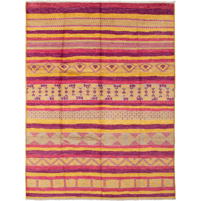 Tapis unique en laine noué à la main mogul des années 2010 de 9 pi 3 po x 12 pi 1 po doré / mauve Kamori