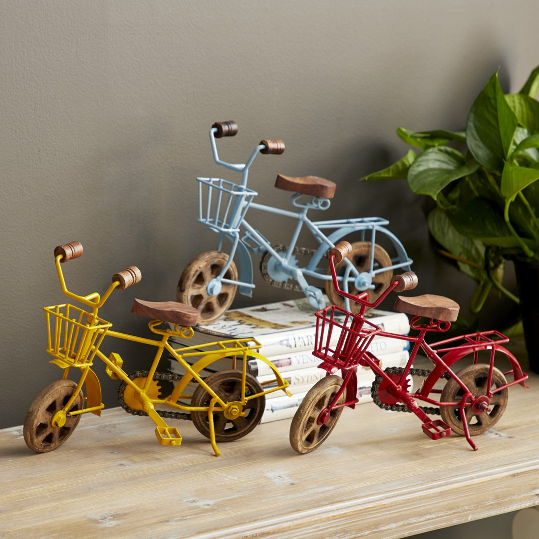 Gustav Metal Bike Multi Colored Decorative Sculpture with Wood Wheels Set (Set of 3) Winston Porter
