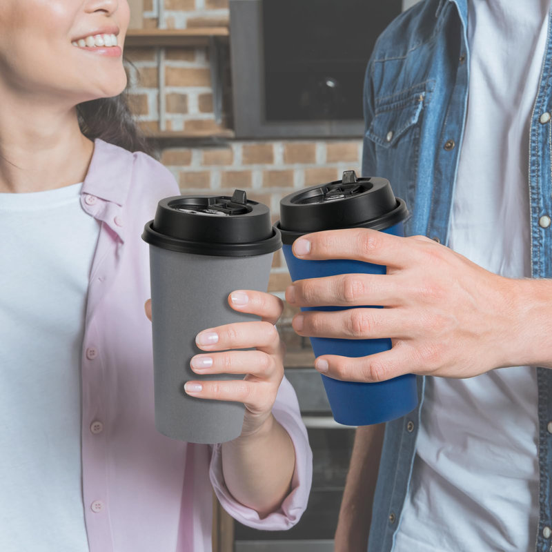100 Pack 16 Oz Disposable Paper Coffee Cups With Lids For Coffee, Water, Juice, Or Tea, Blue And Gray Hot Paper Cups For Home, Restaurant, Store, And Cafe