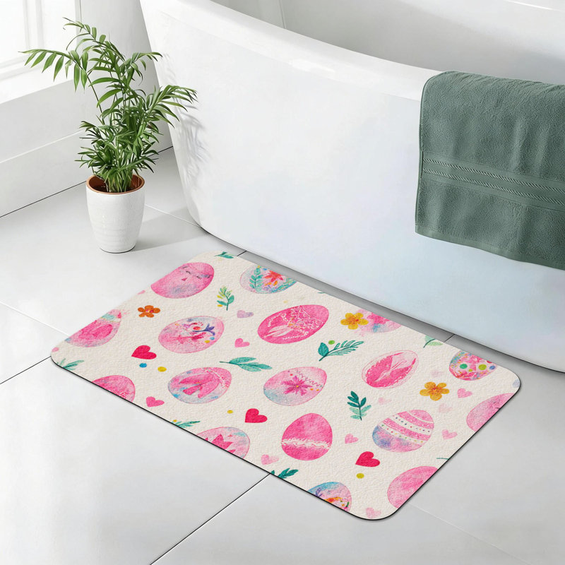 Tapis de bain aquarelle rose avec œufs de Pâques, antidérapant, salle de bain et bord de piscine