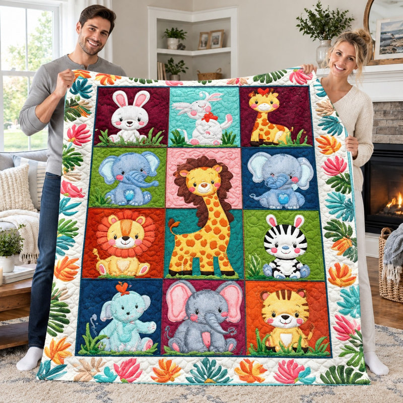 1pc Cute Cartoon Animal Quilt, Adorable Jungle Safari Baby Animals Print Quilt, Super Soft Cozy Lightweight Warm Quilt for Sofa Bed Living Room Dorm Office Travel, Home Decor All‑Season Quilt, Machine Washable, Holiday Housewarming Gift