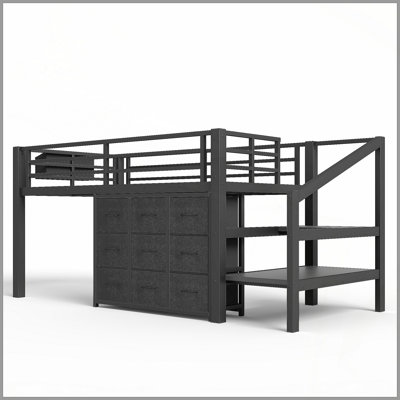 Twin Low Loft Bed with Multi-Storage Spaces, Including Fabric Drawers, Fabric Shelves Beside the Bed, Storage Stairs, Metal Loft Bed with Lights and Ample Under-bed Spaces, Black