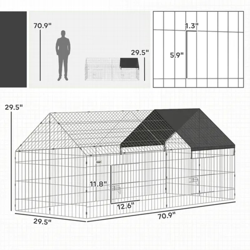 Poulailler en métal avec housse imperméable, canyon et lapins 71 po x 29,5 po x 29,5 po